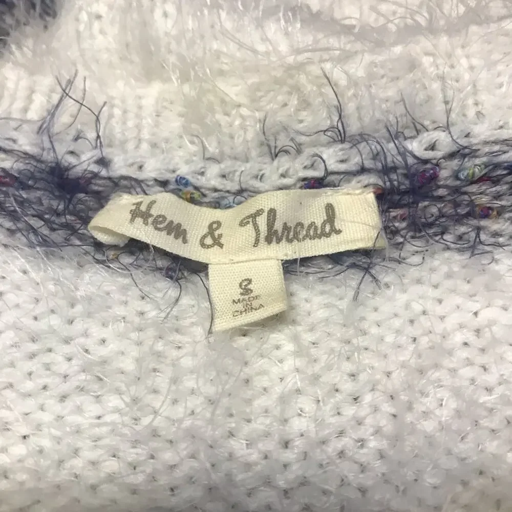Hem & Thread blue white striped fuzzy sweater long cozy eyelash WOMENS SMALL